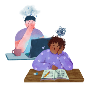 Cartoon of two people sat at desks. One has pale skin and short dark hair, looking at a laptop. A rain cloud is above their head. Their hand is covering their mouth. The other figure has dark skin and short, dark, curly hair. They are wearing a jumper with flowers on and they are holding their head in one of their hands. They have an open book in front of them.